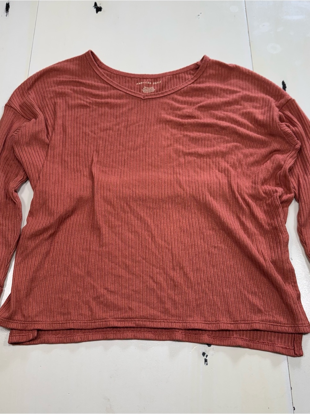 American Eagle Women's Ribbed Notch-Neck Long Sleeve Top (XS)